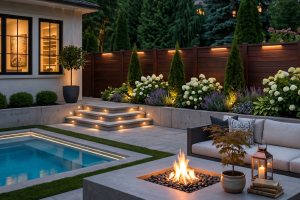Evening backyard with a rectangular pool, built‑in fire pit, and beige sectional seating amid landscaped shrubs and a tall wooden fence.