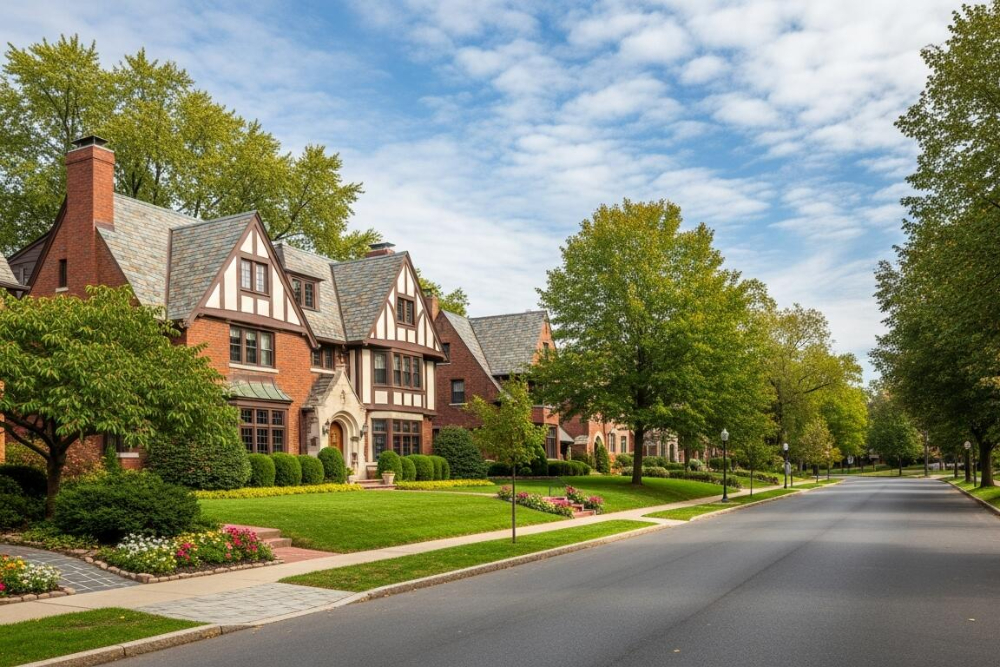 Tree-lined suburban street with Tudor-style brick houses, manicured lawns, and colorful flower beds on a sunny day.