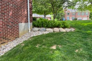 Brick house side yard with a rock border, ferns, and a gravel edge along the foundation.