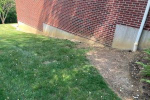 Brick building exterior with a metal downspout, a green lawn, and a dirt strip along the foundation.