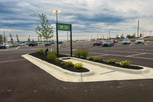 Parking lot with a landscaped median, small trees and yellow flowers; a green cart-sign on a post and several cars in the background.